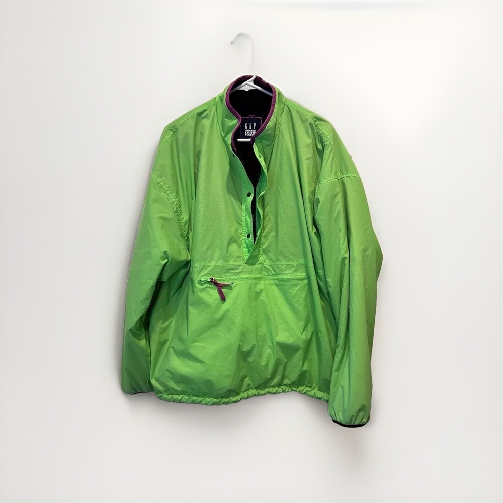 Vintage Gap Arctic Light Fleece Reversible Anorak Jacket XL Lime Green Black 90s